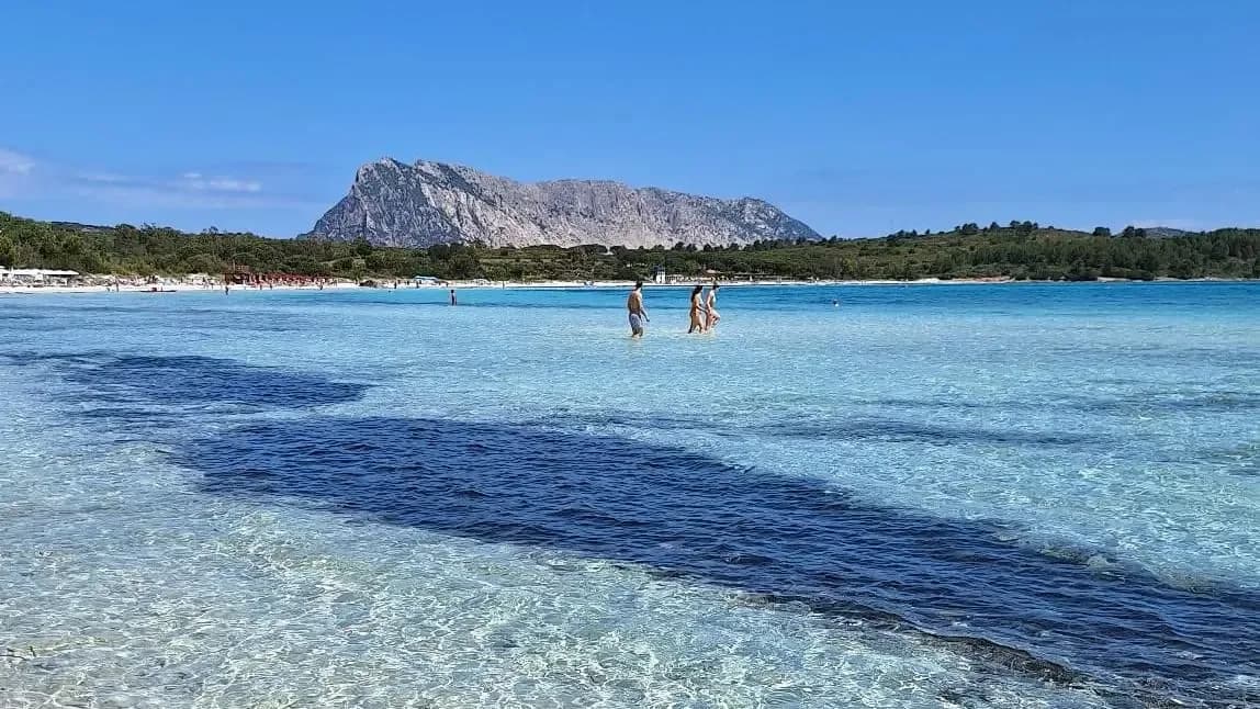 Persone che camminano nell'acqua limpida e blu della spiaggia