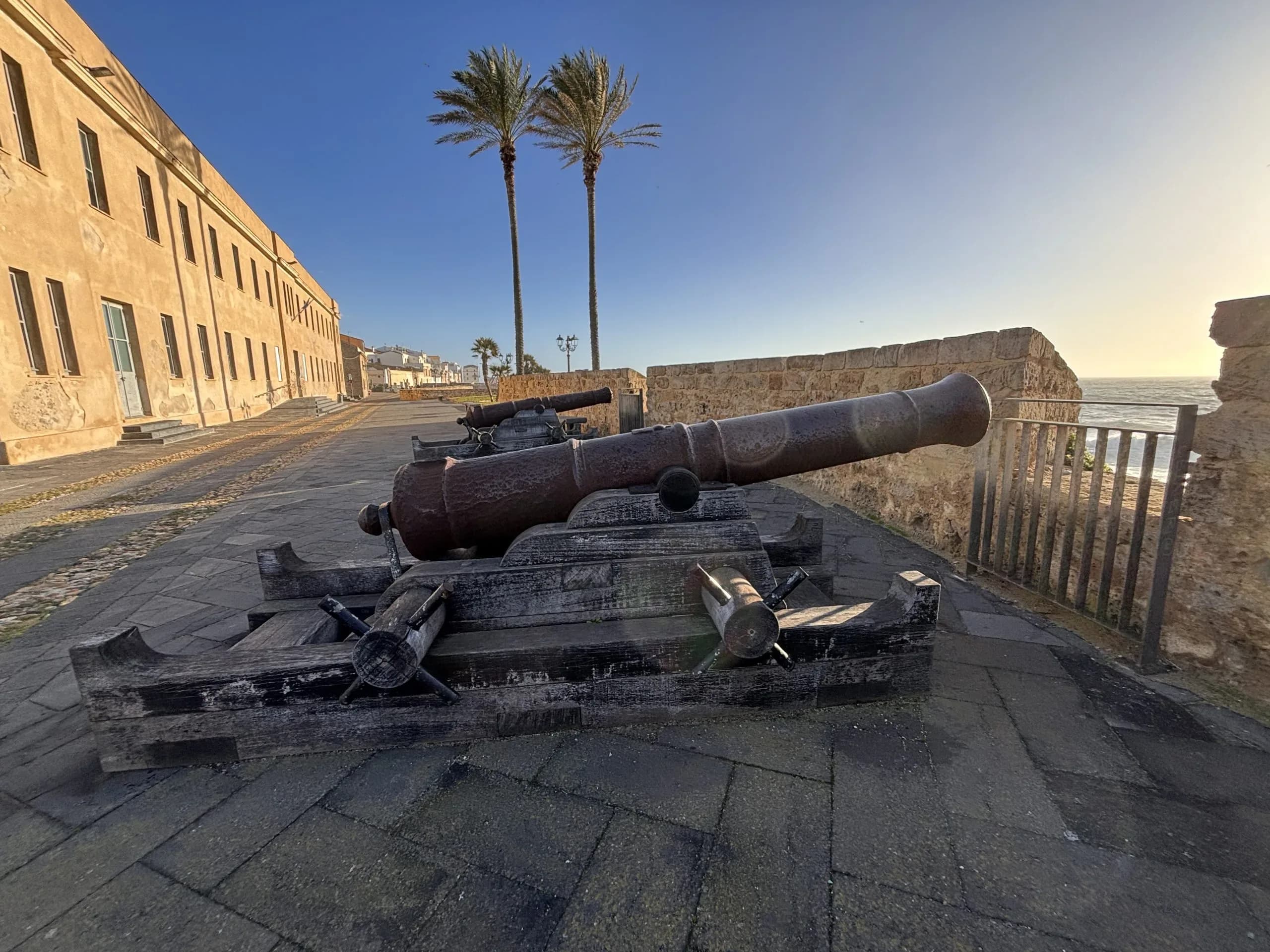 Coastal cannons, palm trees, and a historic building.