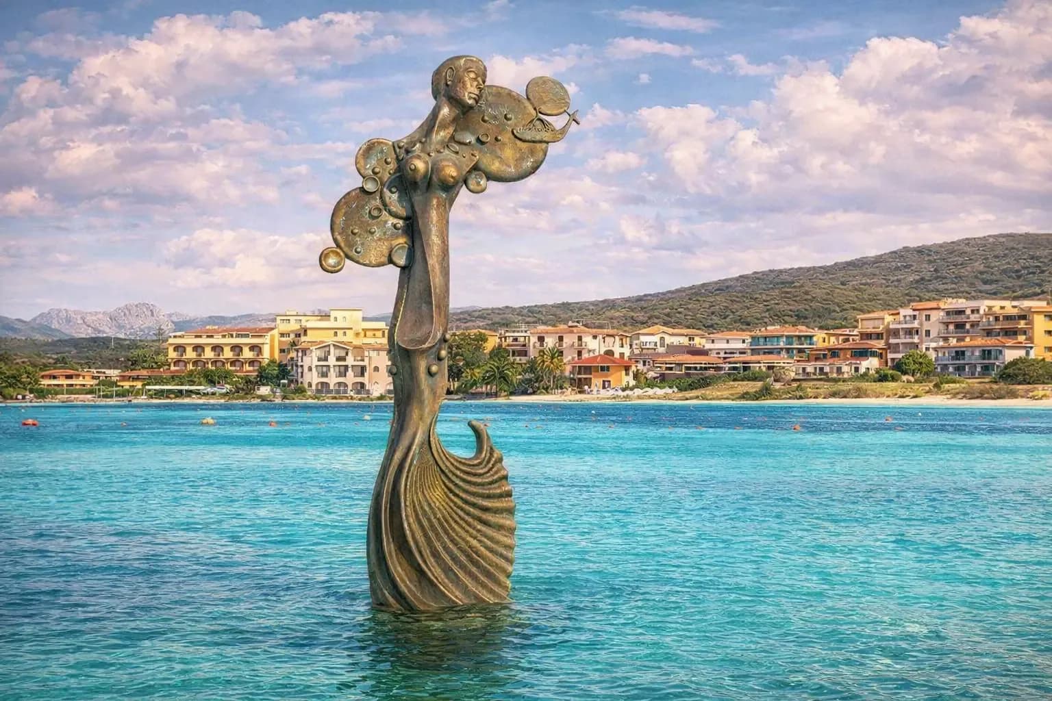 Modern sculpture in turquoise sea, Sardinia coastline