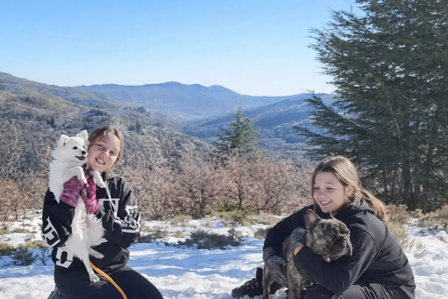 Girls with dogs enjoy snowy mountain view.