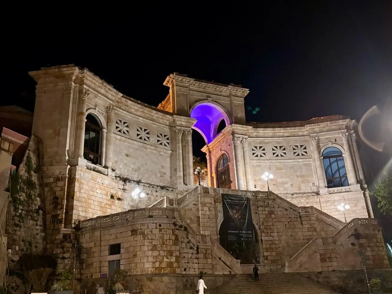 Bastione di Saint Remy illuminated at night in Cagliari