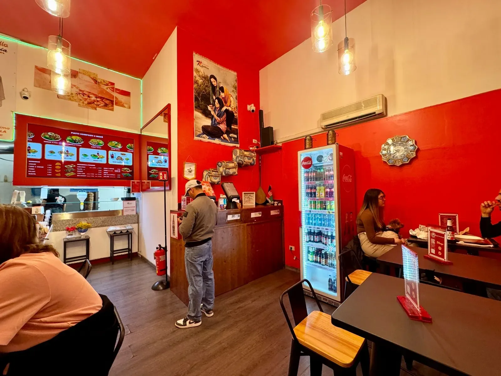 Interior of a vibrant fast-food restaurant.