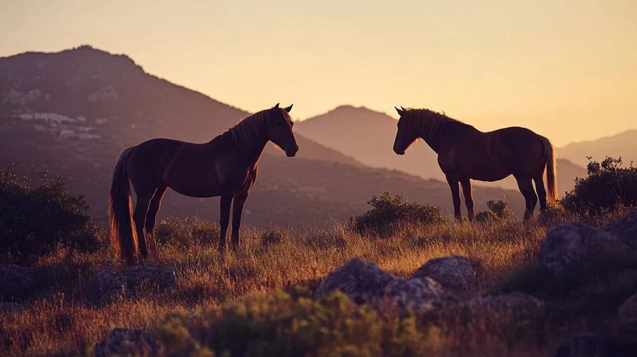 Two horses in a field at sunset