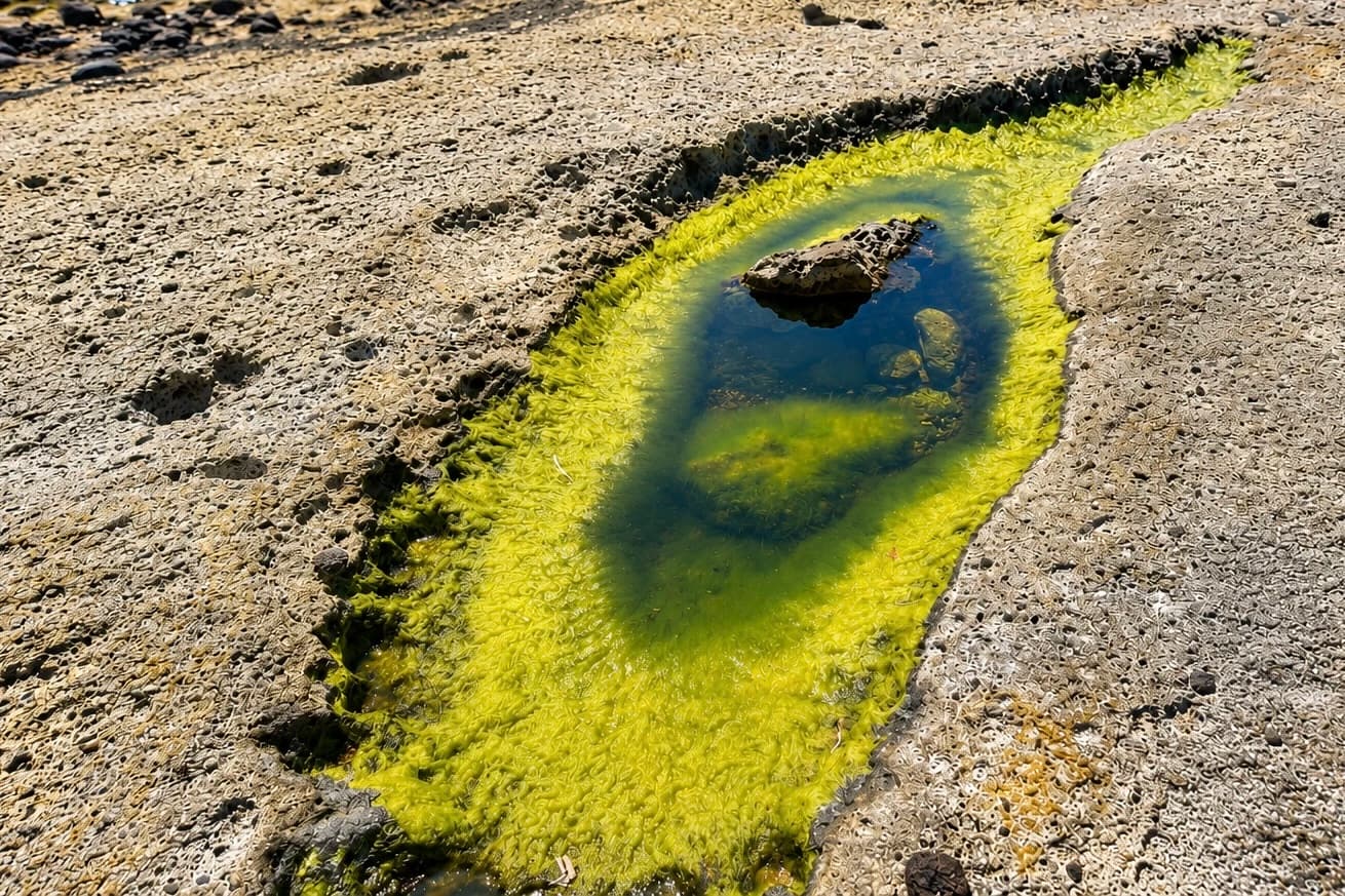 Bright green algae surrounding rocky tide pool
