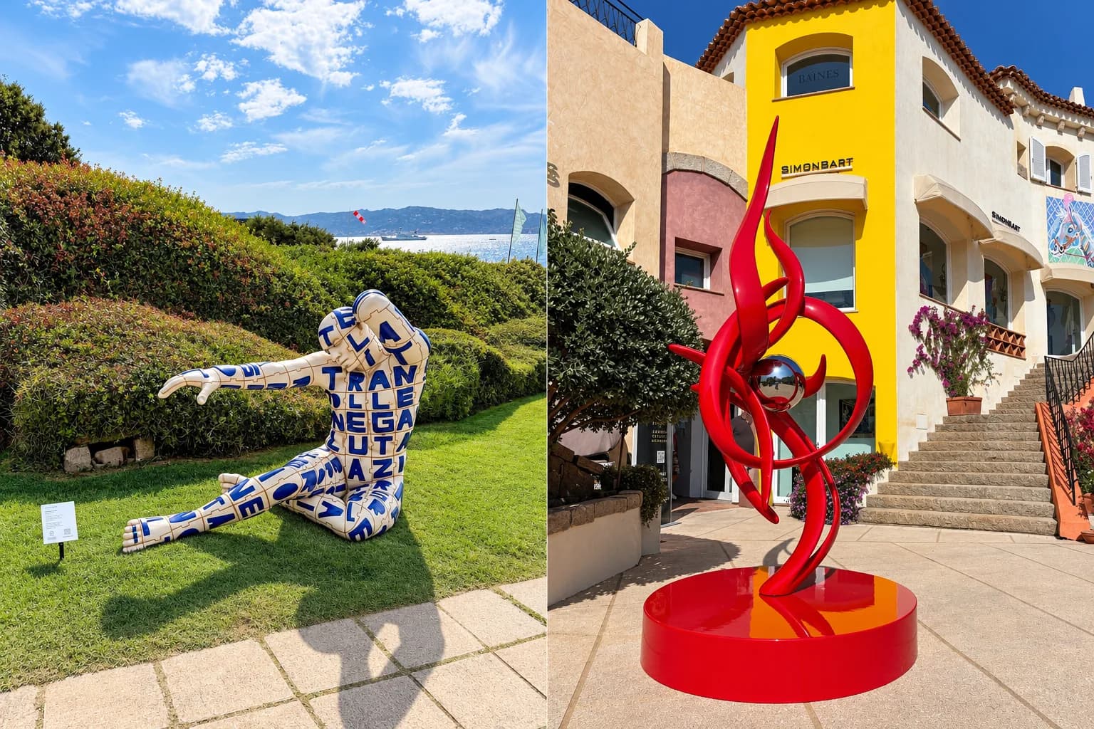 Seated figure sculpture covered in letters on a lawn by the sea, and a red flame sculpture outside SimonBart Gallery