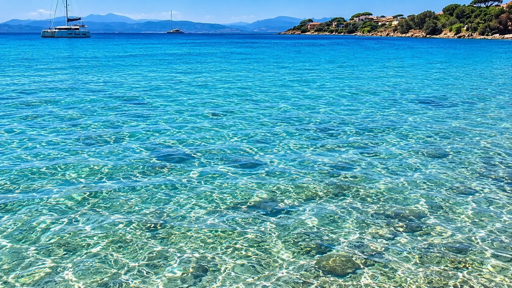 Clear turquoise water at Terza Spiaggia in Golfo Aranci, with swimmers, moored boats and a hilly, tree-lined coastline in the distance.