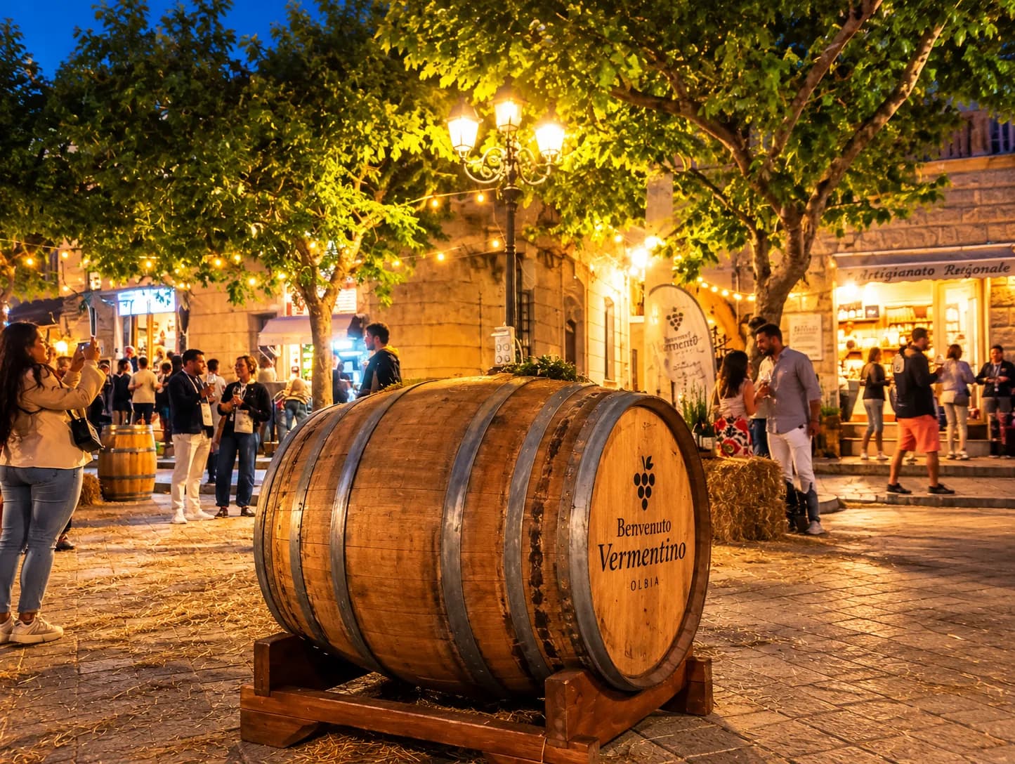 A large wooden wine barrel marked 'Benvenuto Vermentino Olbia' stands in Olbia's old town square at dusk, with festival-goers sipping wine beneath trees strung with fairy lights.