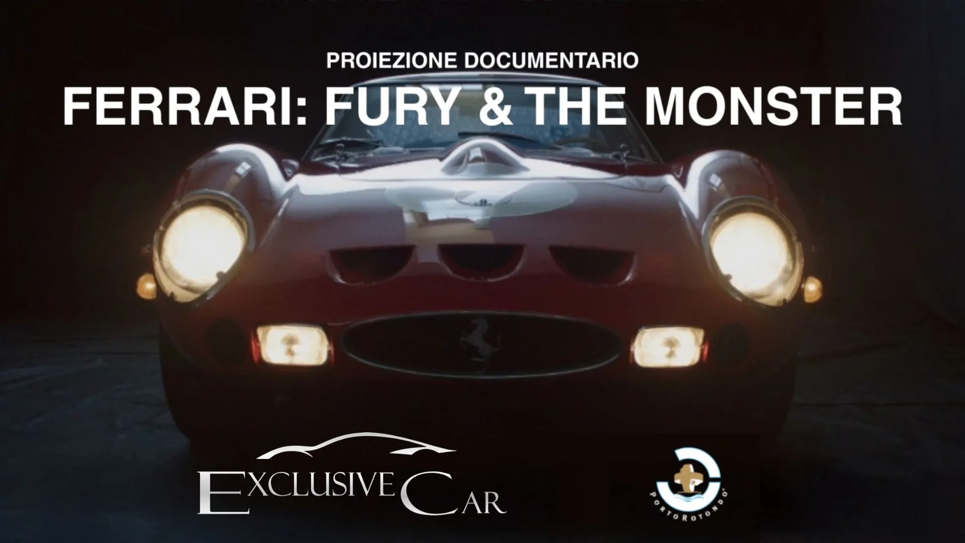 Poster for the documentary screening Ferrari: Fury & The Monster, with a red Ferrari 250 GTO and the Exclusive Car logo