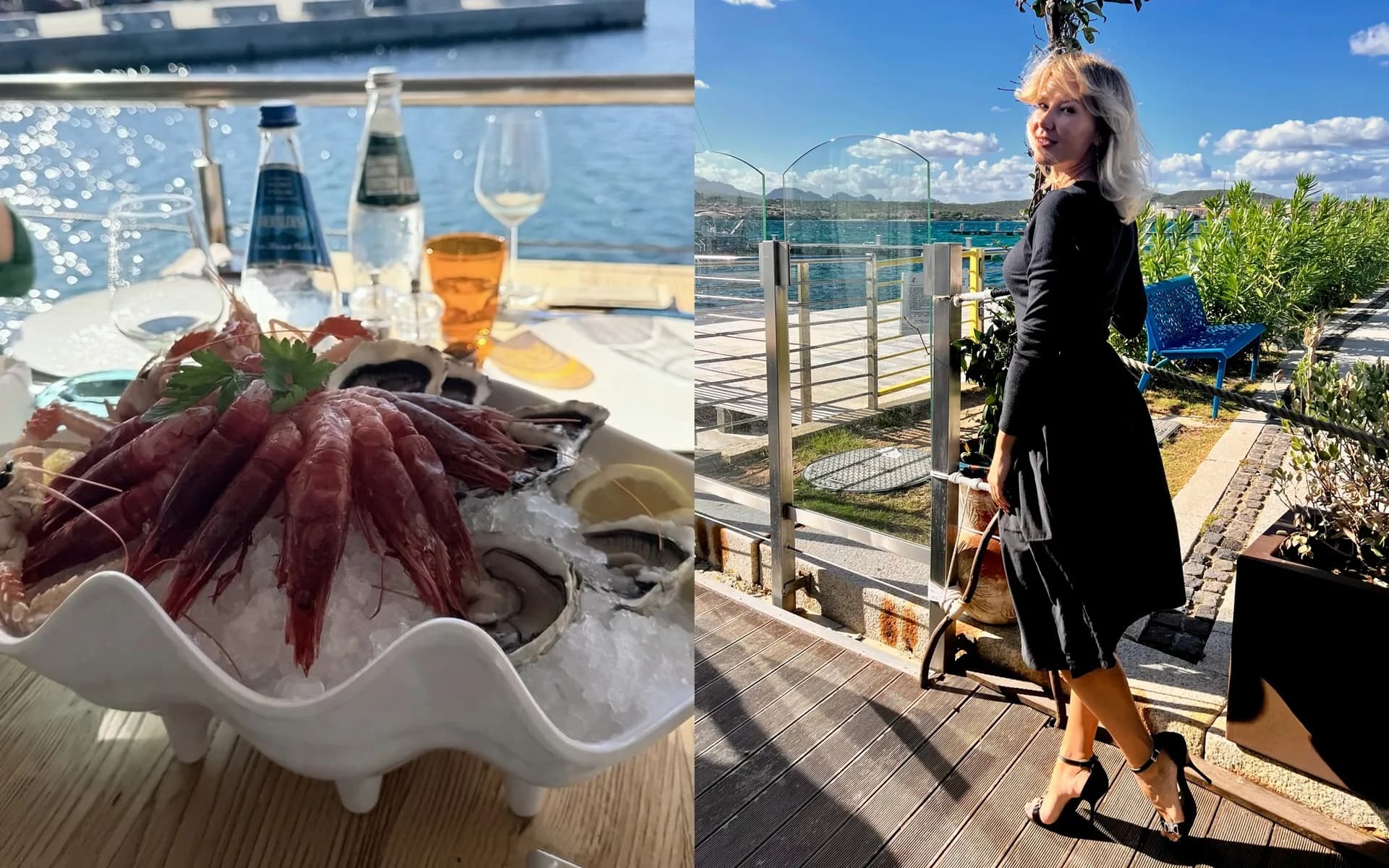 Split image: red prawns and oysters on ice in a white shell-shaped dish at a sunlit seafront table, and a blonde woman in a black dress posing on a wooden deck by the sea.