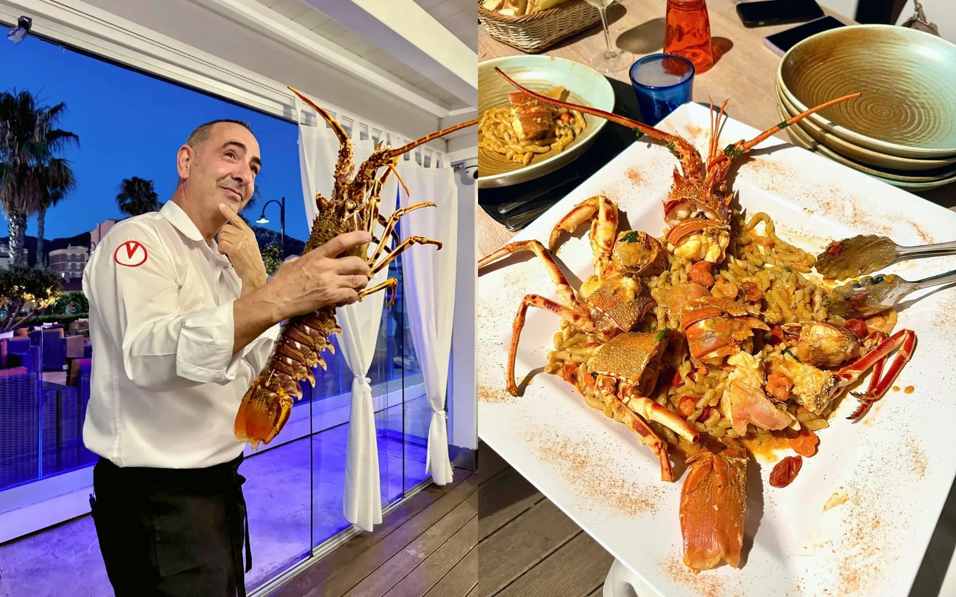 Split image: a man in a white shirt holds a large spiny lobster on a dusk-lit terrace, beside a square plate of twisted pasta topped with lobster pieces and claws.
