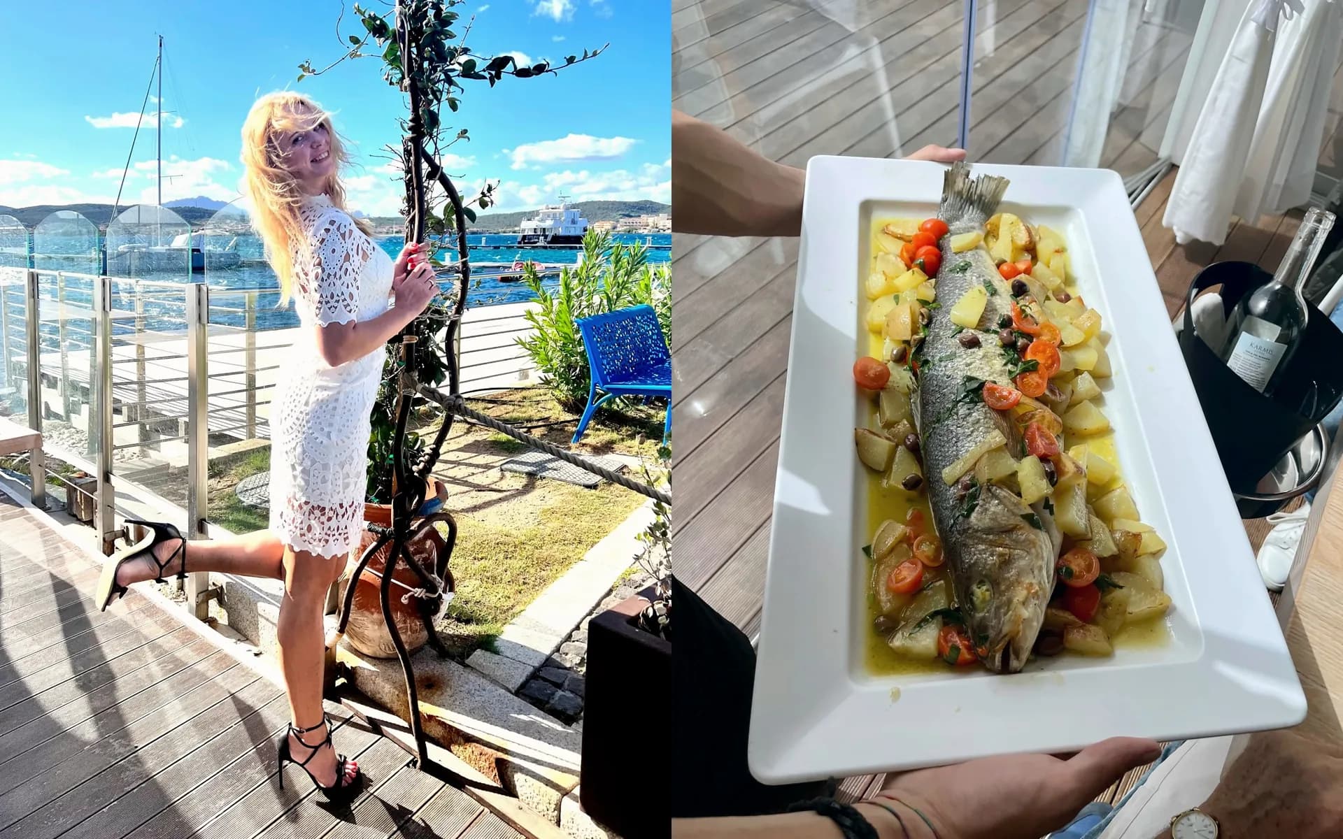 Split image: a smiling woman in a white lace dress poses on a sunny waterside deck beside a marina; right, a waiter holds a platter of whole roast fish with potatoes and cherry tomatoes.