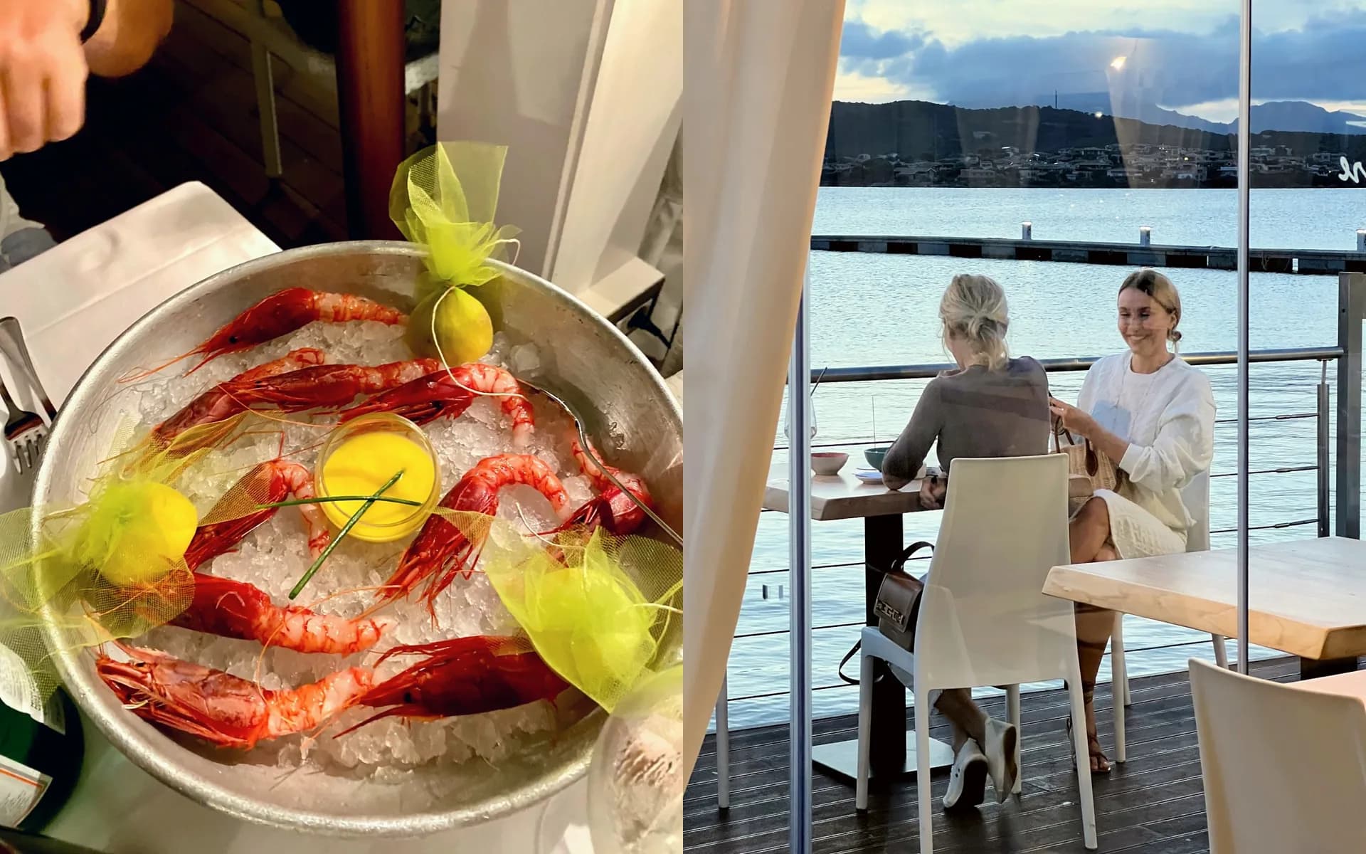 Split image: a metal bowl of red prawns on crushed ice with lemons in yellow tulle and a dish of yellow sauce; two women dining on a waterside deck at dusk.