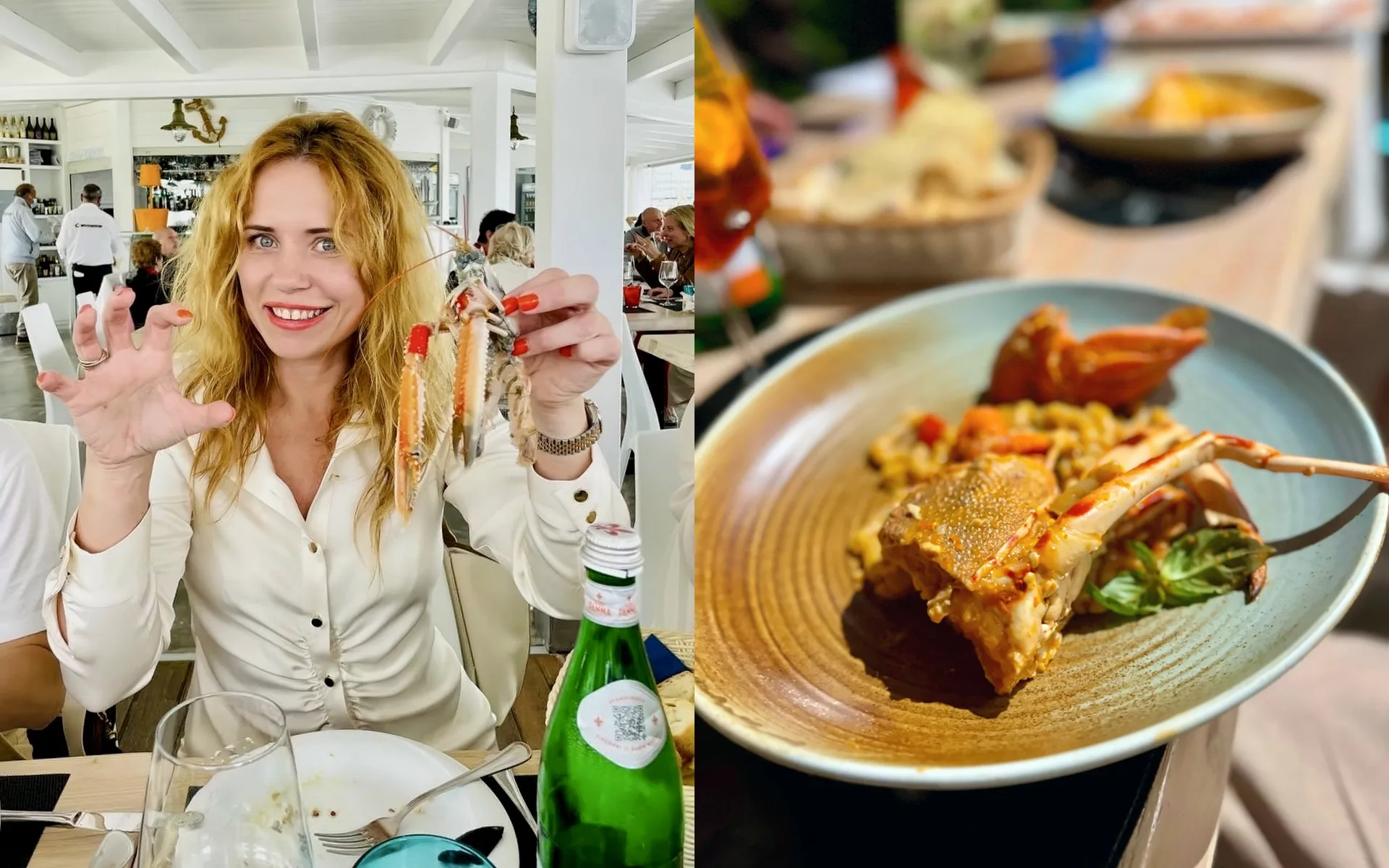 Split image: a smiling woman in a white blouse holds up a whole langoustine at a table in a bright white restaurant; right, a plated langoustine and rice dish with basil.