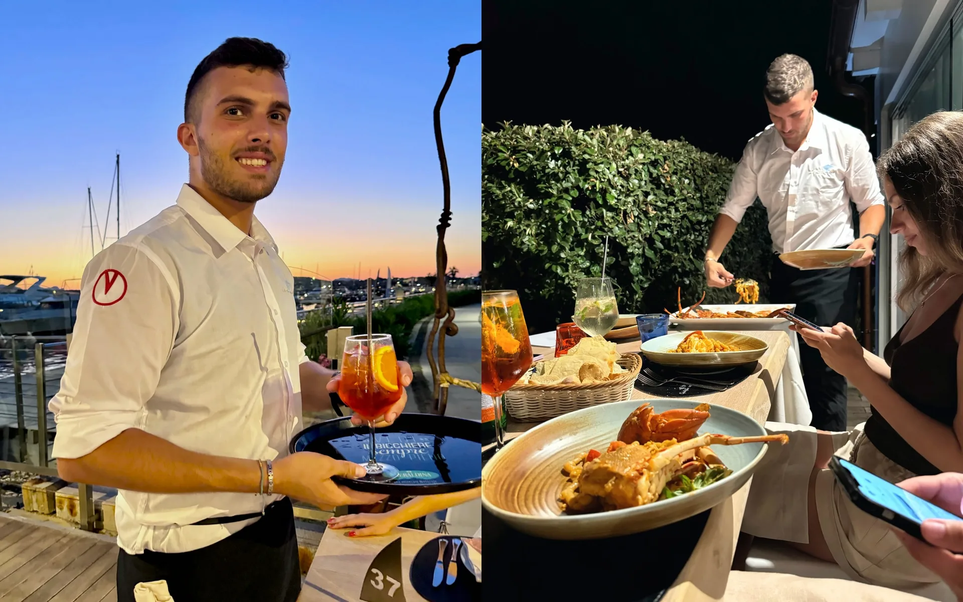Split image: a smiling waiter holding an orange spritz on a tray by a marina at sunset, and a waiter serving lobster pasta at a night-time terrace table as a diner looks at her phone
