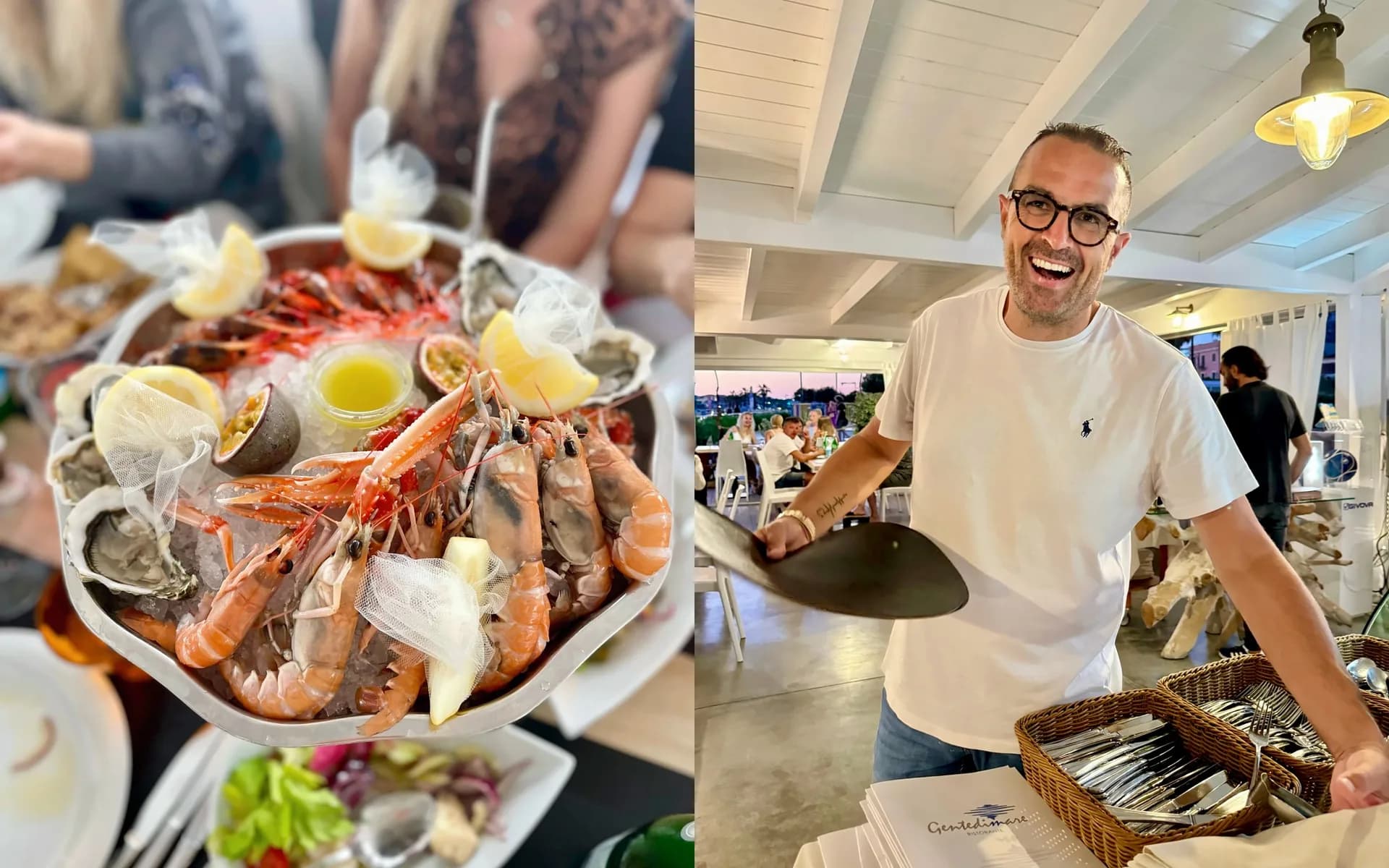Split image: a seafood platter of langoustines, oysters, lemon wedges and passion fruit on ice; and a smiling bespectacled man holding a dark paddle beside baskets of cutlery in a restaurant.