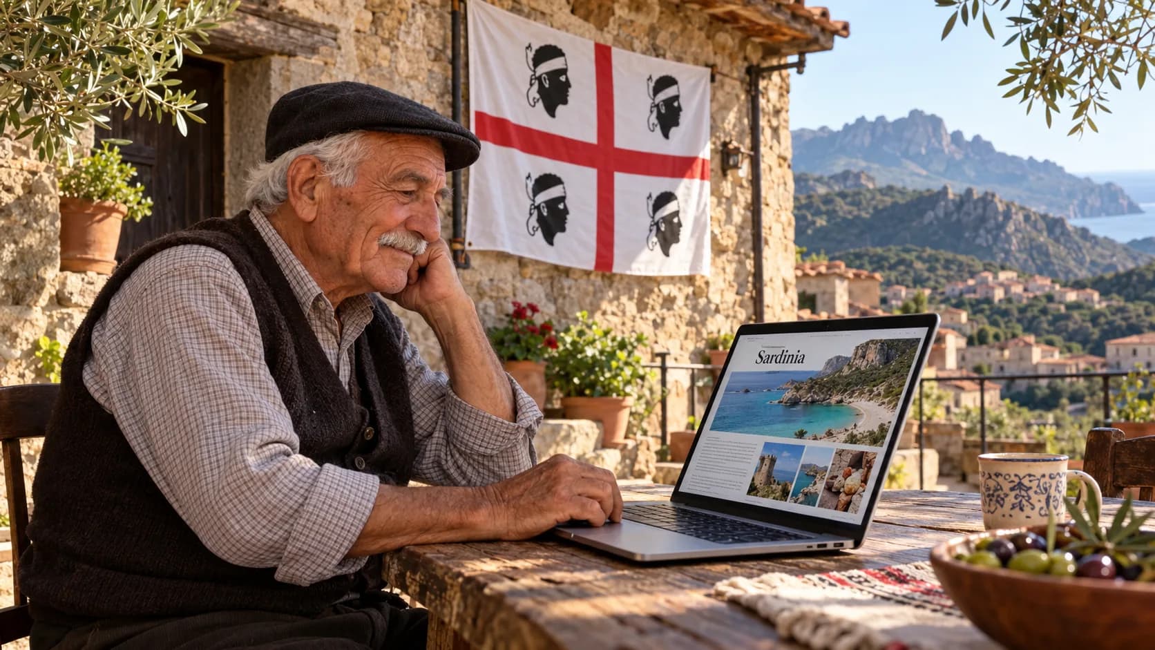 KI-generiertes Bild, keine reale Person: Ein älterer sardischer Mann mit Schiebermütze liest an einem Tisch vor einem Steinhaus auf einem Laptop über Sardinien, unter der Flagge der Vier Mohren Sardiniens.