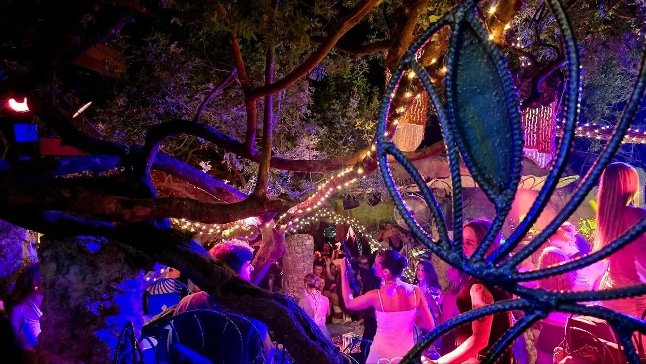 Dancers under trees with fairy lights in Ritual Club's garden, framed by a curved metal sculpture