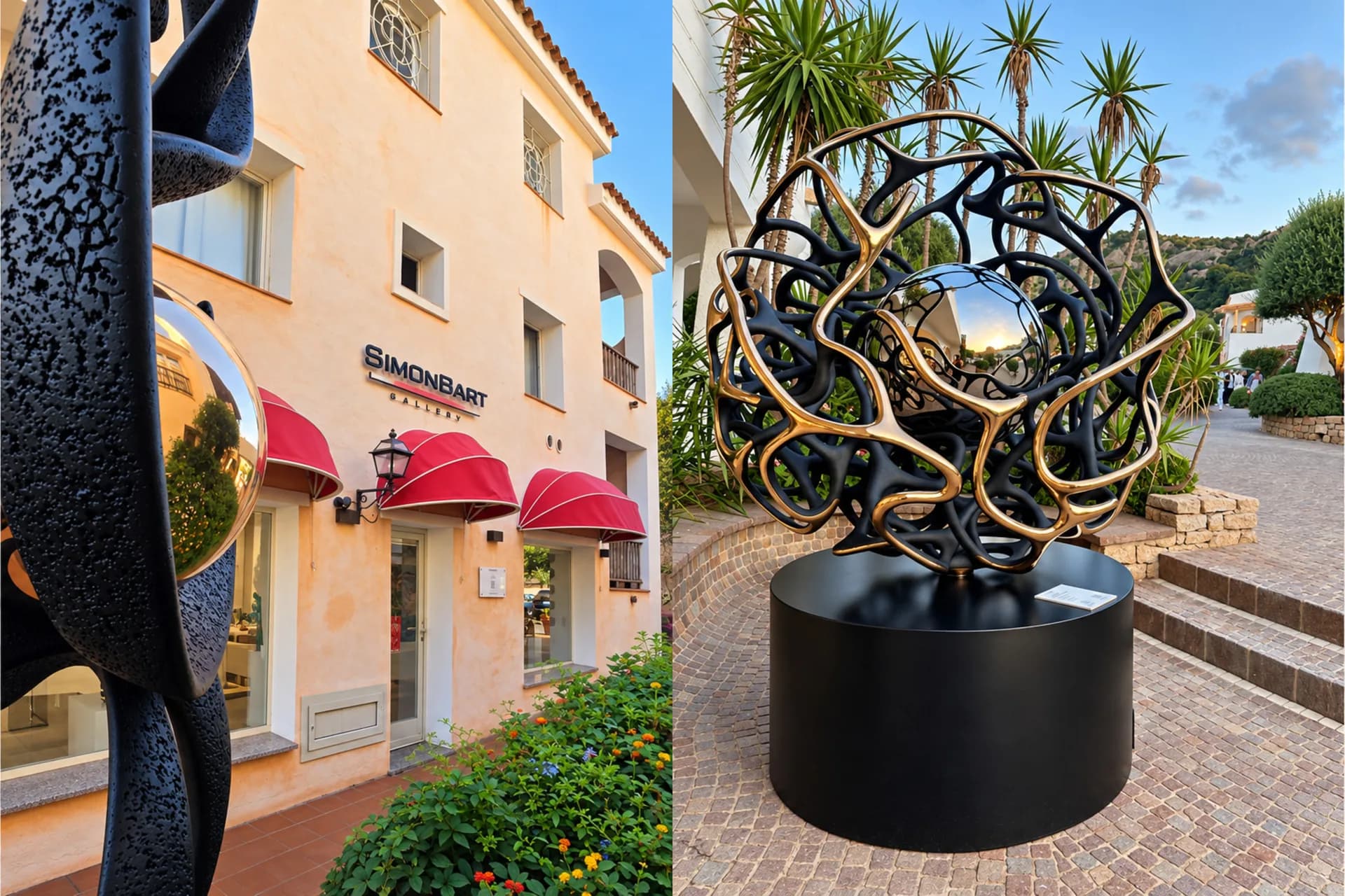 SimonBart Gallery entrance with red awnings beside a black and gold openwork sphere sculpture with a mirrored ball