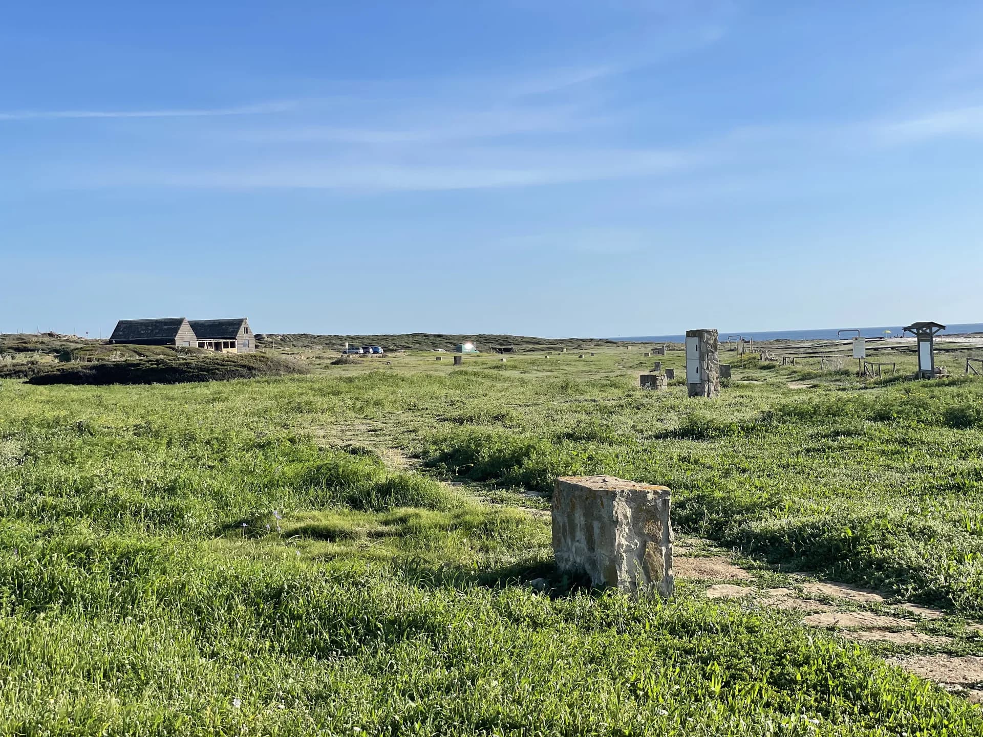 Grassy coastal heath on the Sinis peninsula near Is Arutas, with stone buildings and the sea on the horizon
