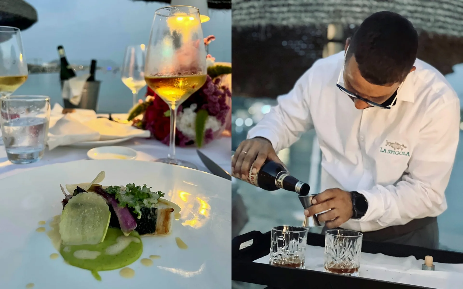 Immagine divisa: un piatto di pesce impiattato con purea verde e guarnizione accanto a un calice di vino bianco al crepuscolo, e un cameriere con la maglia de La Spigola che versa una bevanda in bicchieri su un vassoio.