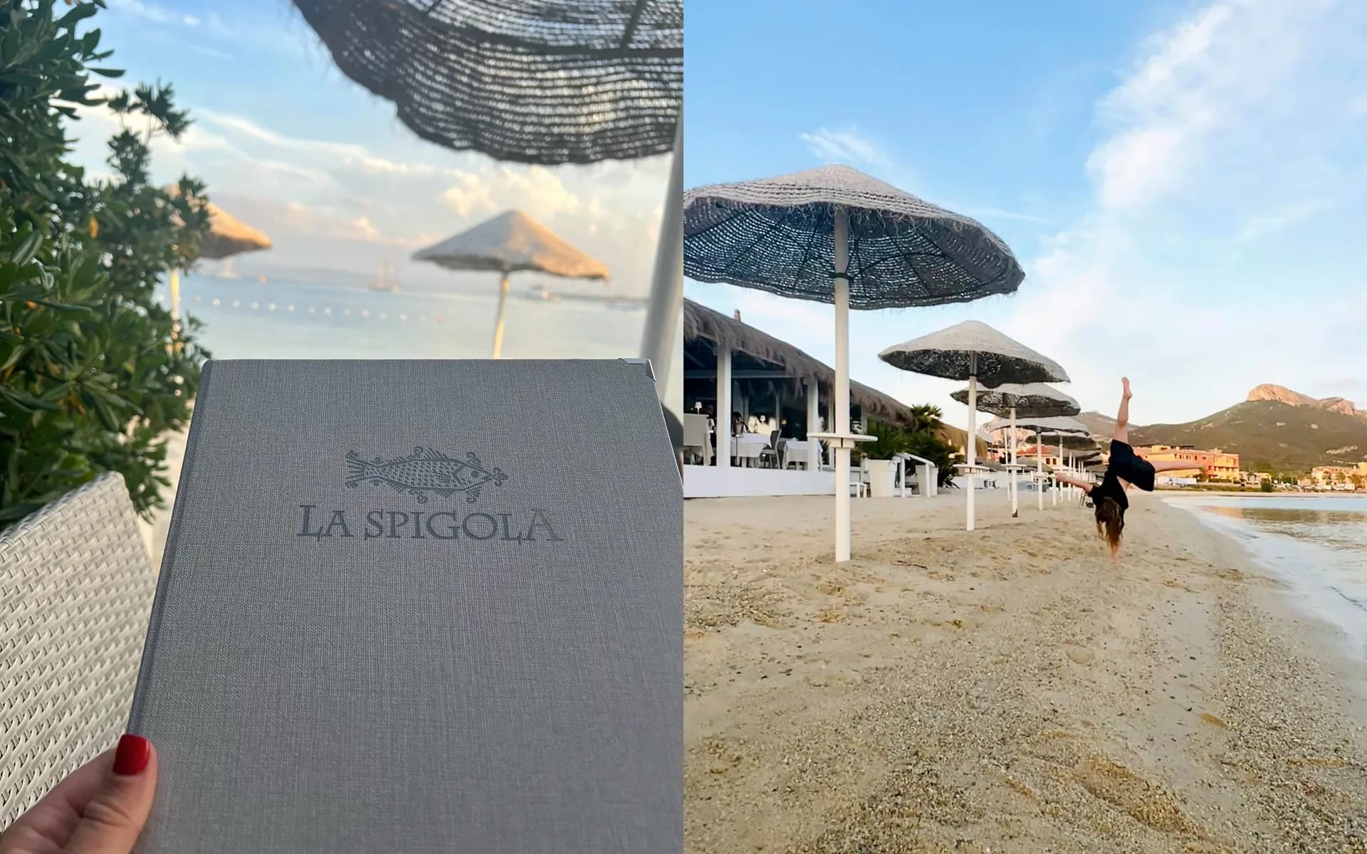Immagine divisa: una mano tiene un menu grigio de 'La Spigola' con un emblema a forma di pesce accanto a ombrelloni di paglia e al mare; a destra, una persona fa la ruota su una spiaggia vicino a un ristorante con tetto di paglia.