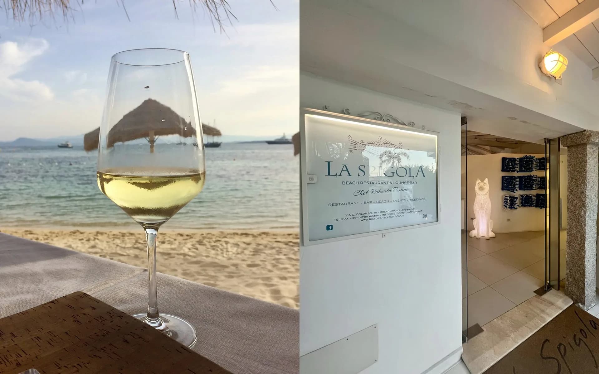Immagine divisa: un calice di vino bianco su un tavolo sopra una spiaggia sabbiosa e un mare calmo, e l'ingresso del ristorante in spiaggia La Spigola con l'insegna e una figura di volpe bianca luminosa.