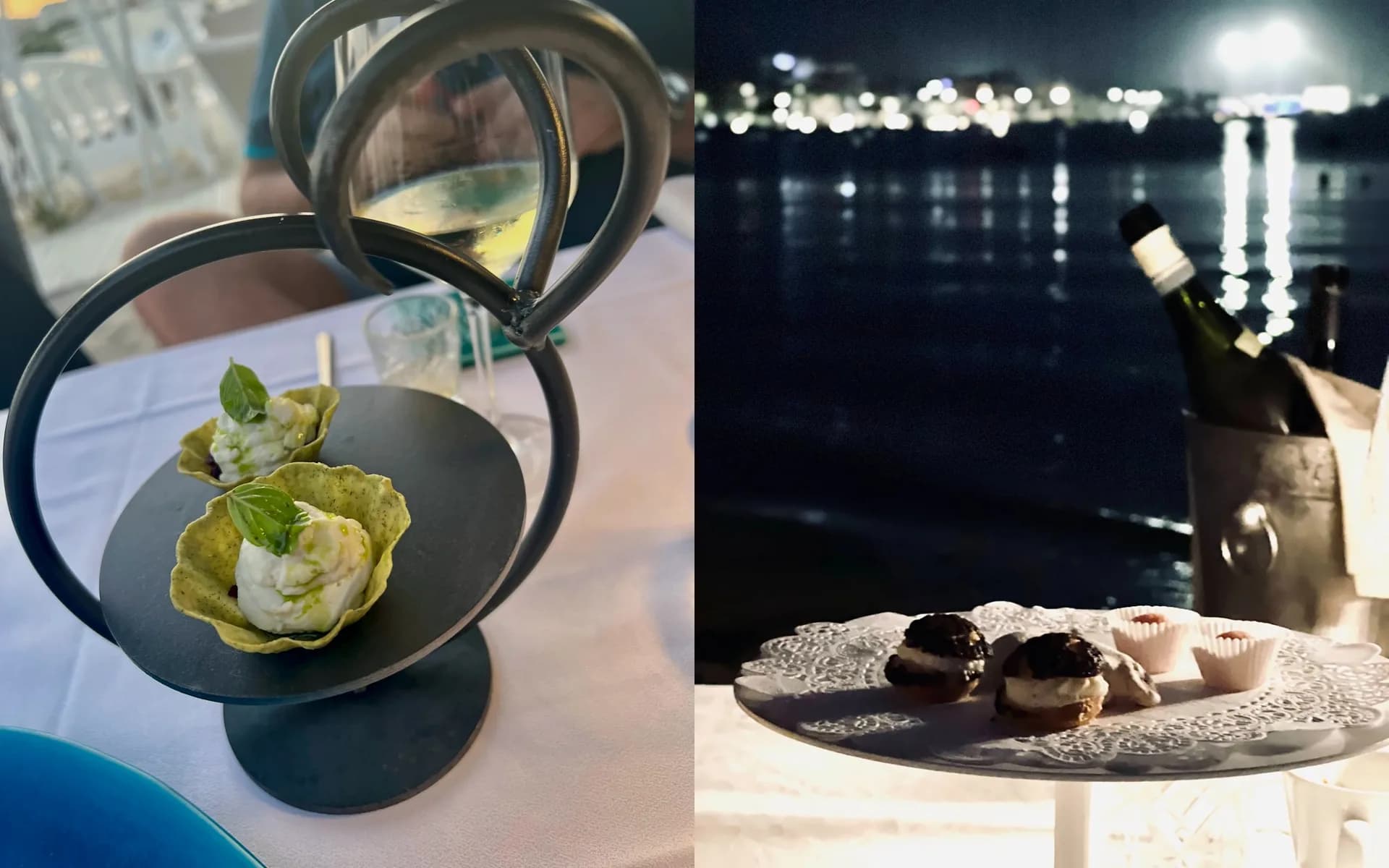Immagine divisa: canapé cremosi in cialde verdi croccanti su un supporto scultoreo in metallo nero accanto a un calice di vino bianco; di sera, petits fours su un piatto con centrino accanto a un refrigeratore per vino, con le luci del paese sull'altra sponda della baia.