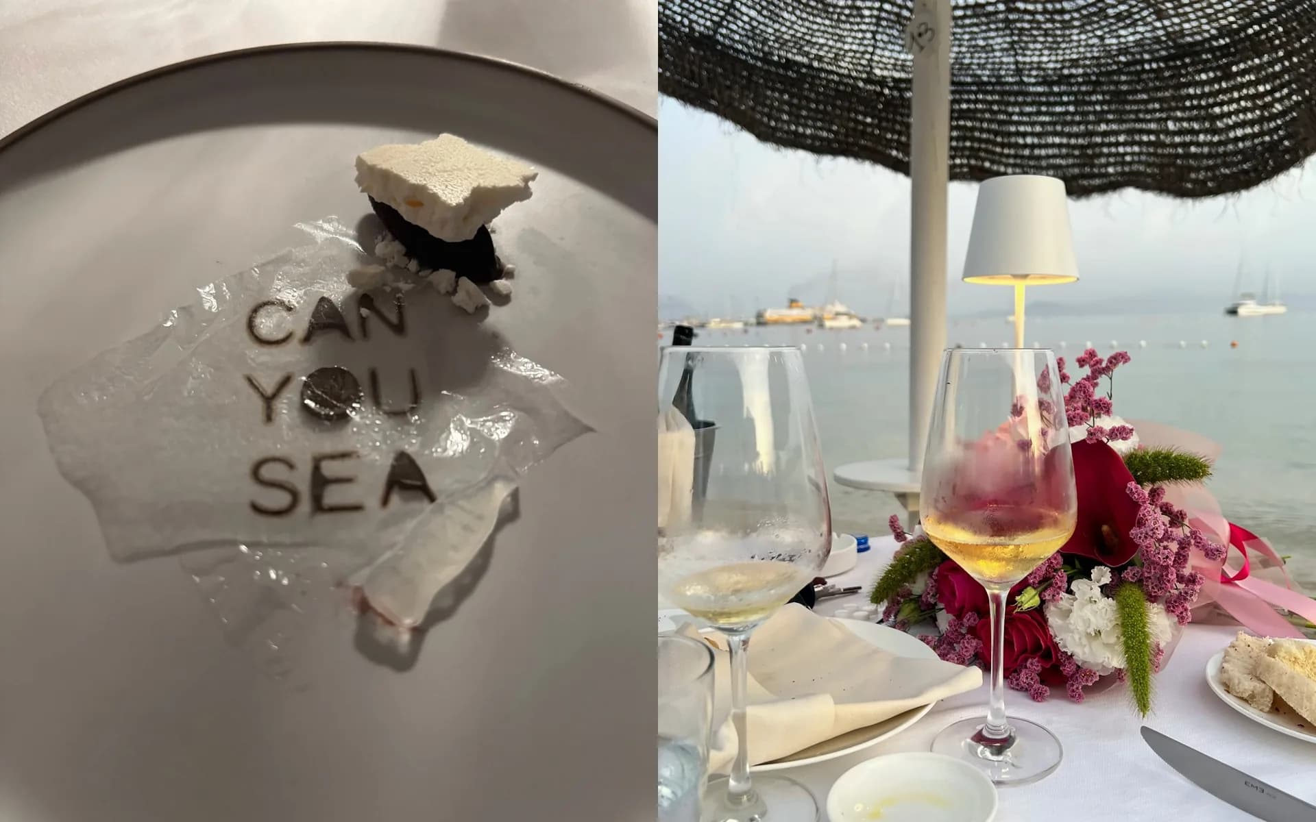 Immagine divisa: un piatto con un piccolo dessert e la scritta "Can you sea" stampata su un'ostia trasparente, e un tavolo in spiaggia con calici, fiori e una lampada sotto un ombrellone di paglia vicino all'acqua calma.