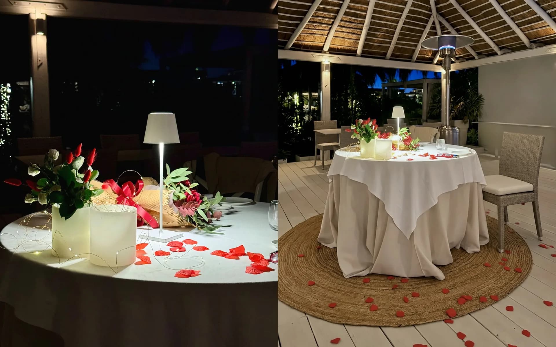 Due vedute di un tavolo rotondo con tovaglia di lino bianco, petali rossi, fiori, un bouquet e una lampada accesa, allestito di sera su una pedana bianca sotto un gazebo con tetto di paglia e un fungo riscaldante