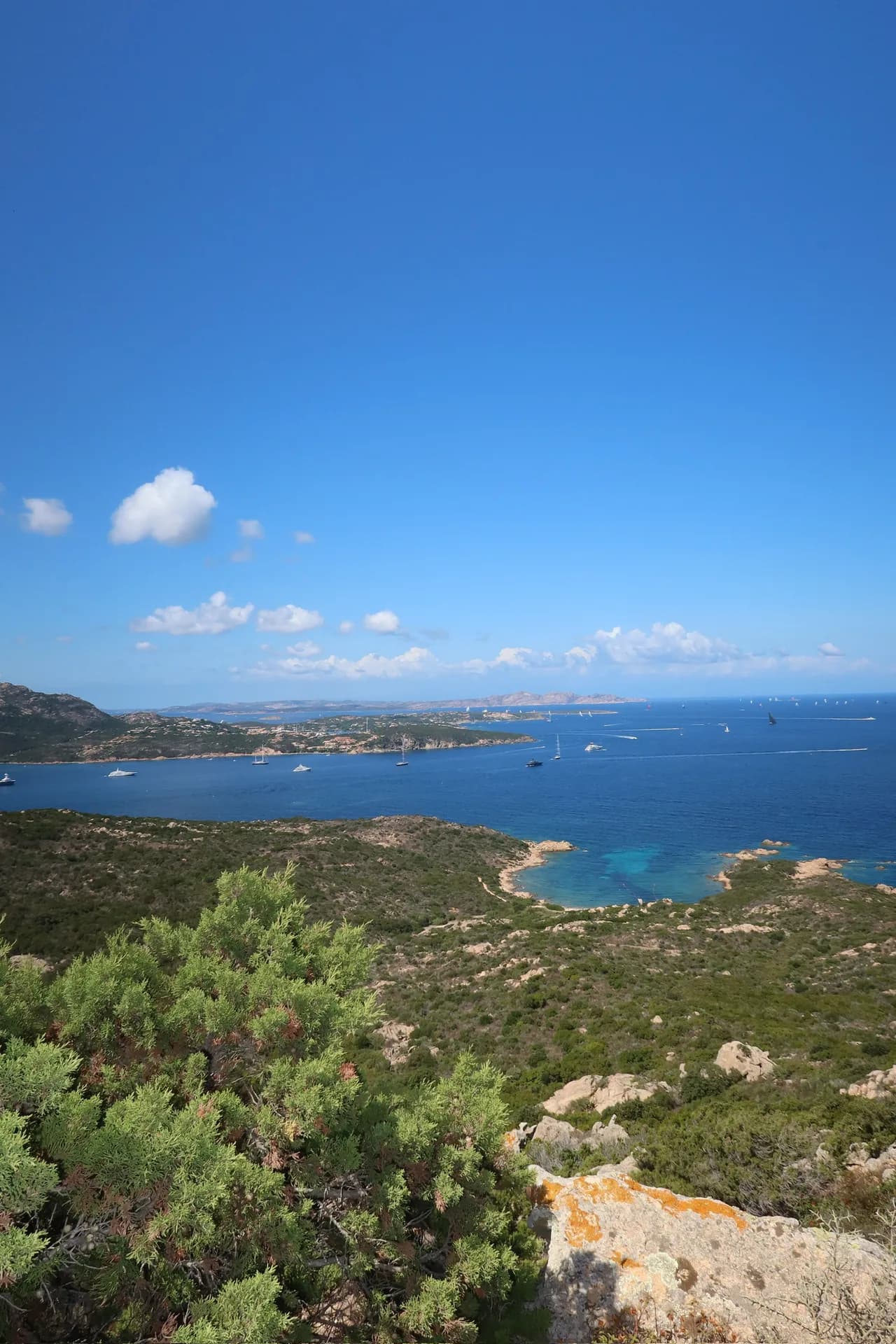 View from Monti Zoppu along the Pevero Health Trail over scrub-covered hills to a turquoise cove, sailing boats and the Sardinian coastline beyond.