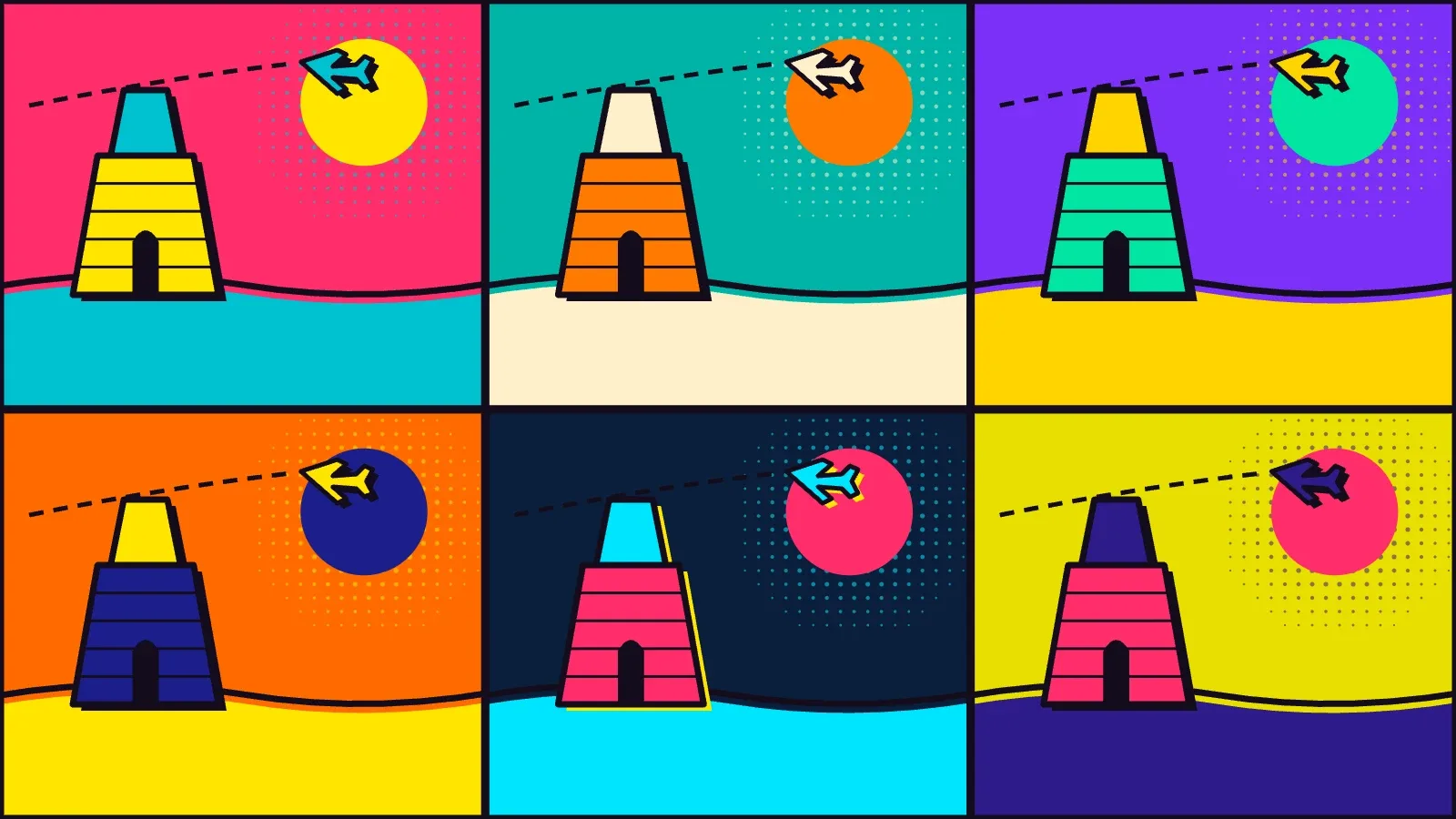 Pop-art illustration in six panels: a Sardinian nuraghe tower, sun and aircraft repeated in flat bright colours
