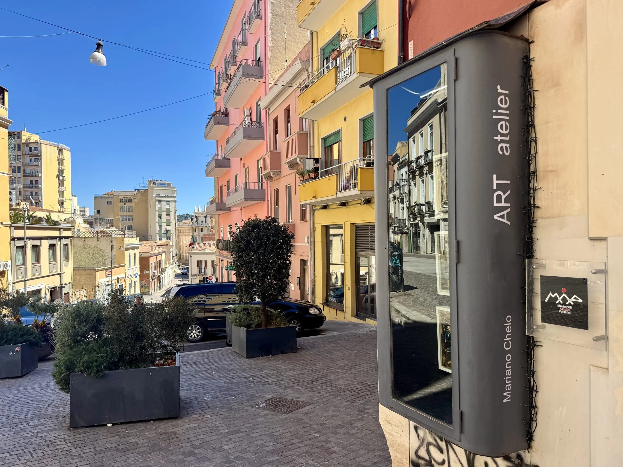 Colorful buildings along sunny European city street