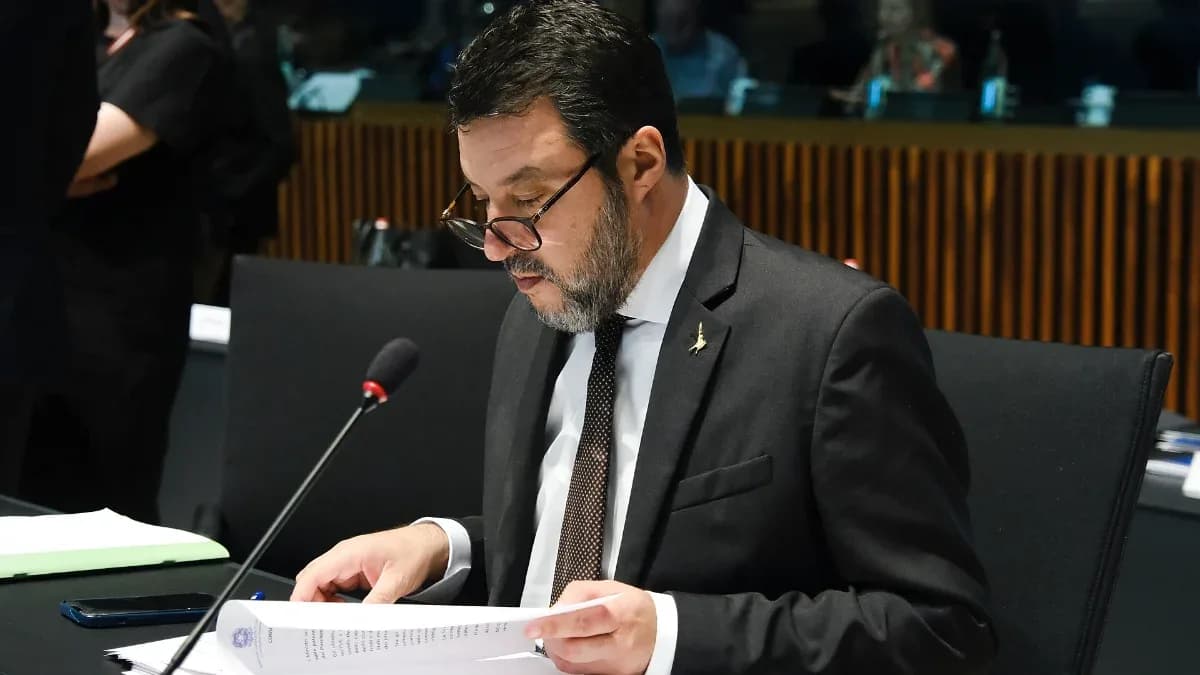 Matteo Salvini, Italy's Minister of Infrastructure and Transport, reading papers at the EU Transport Council in June 2023