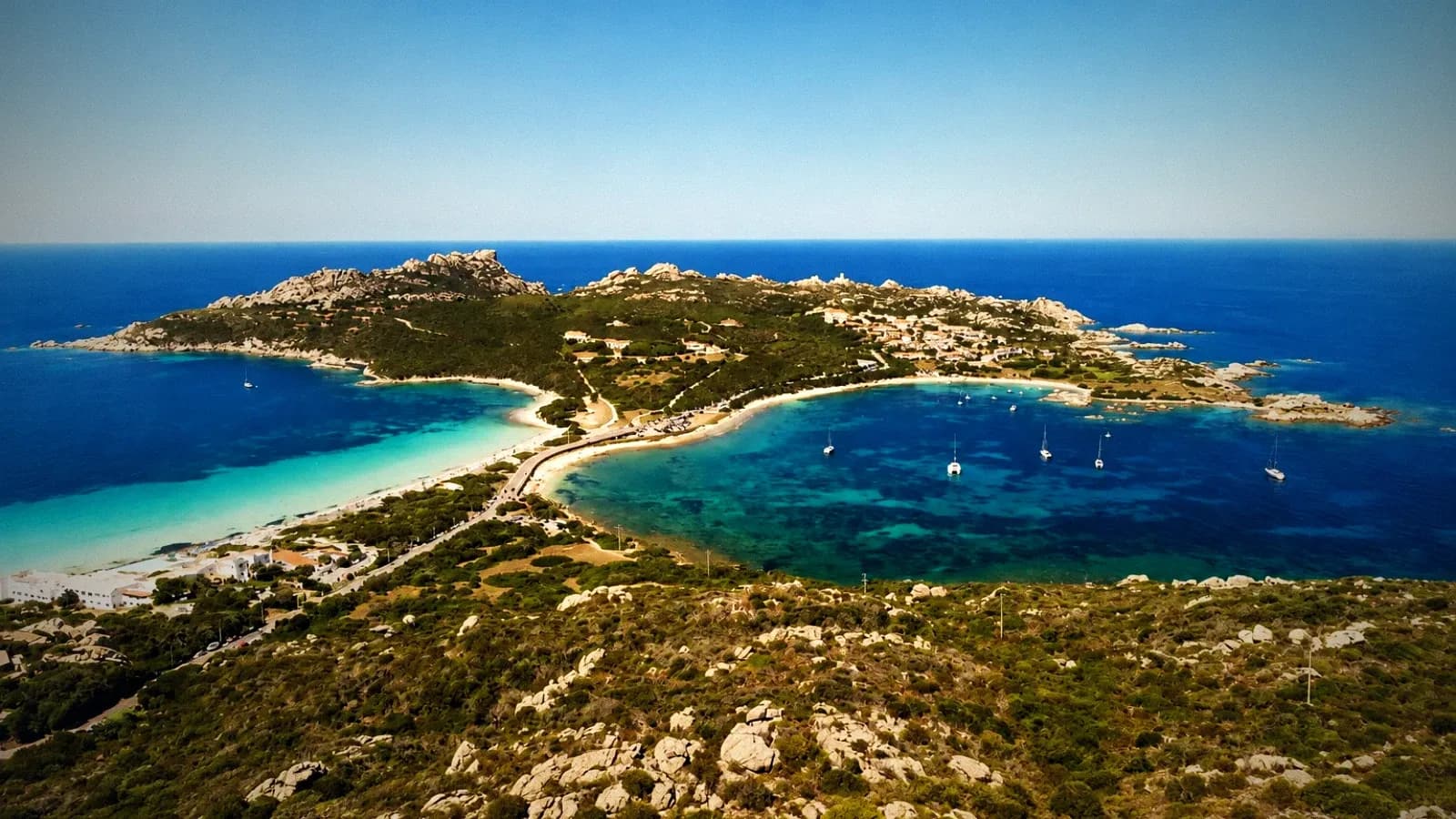 Aerial view of the Capo Testa headland and its twin bays near Santa Teresa Gallura, northern Sardinia