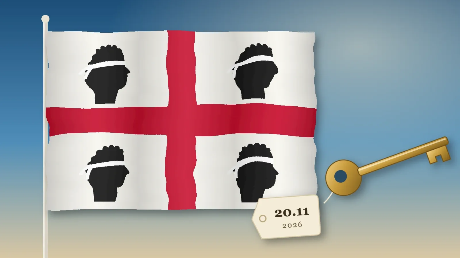 Illustration: the Sardinian flag with its four Moors beside a brass house key carrying a tag dated 20.11.2026