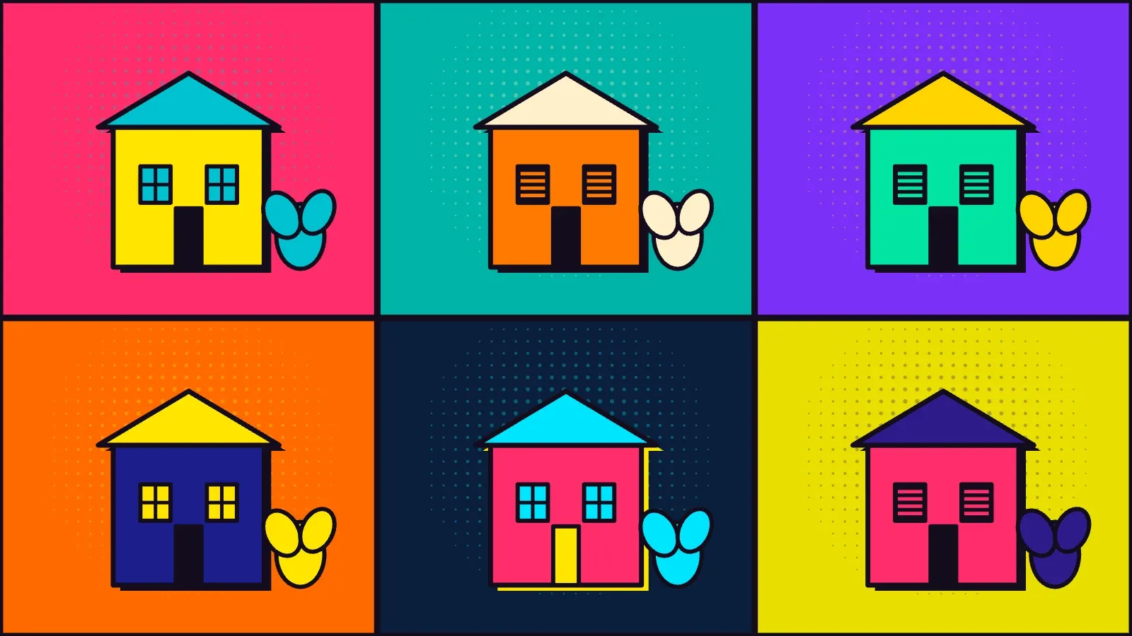 Pop-art illustration in six panels: identical houses in flat bright colours, three with open windows and three with closed shutters